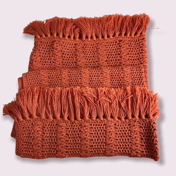 Crochet Afghan Blanket Throw Hand Crafted Salmon Pink Orange Fringe 45 x 39 - Picture 9 of 11